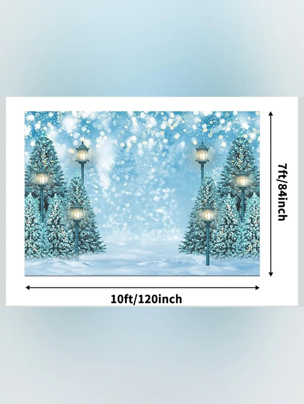 Winter Snowy Trees Backdrop with Lamp Posts - Blue, 10ft X 7ft